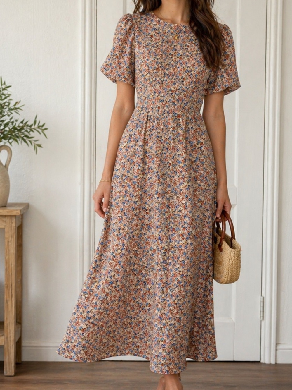 Pink Floral Maxi Dress with Short Sleeves